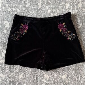 Forever 21 Black Velvet Shorts with Floral Embroidery